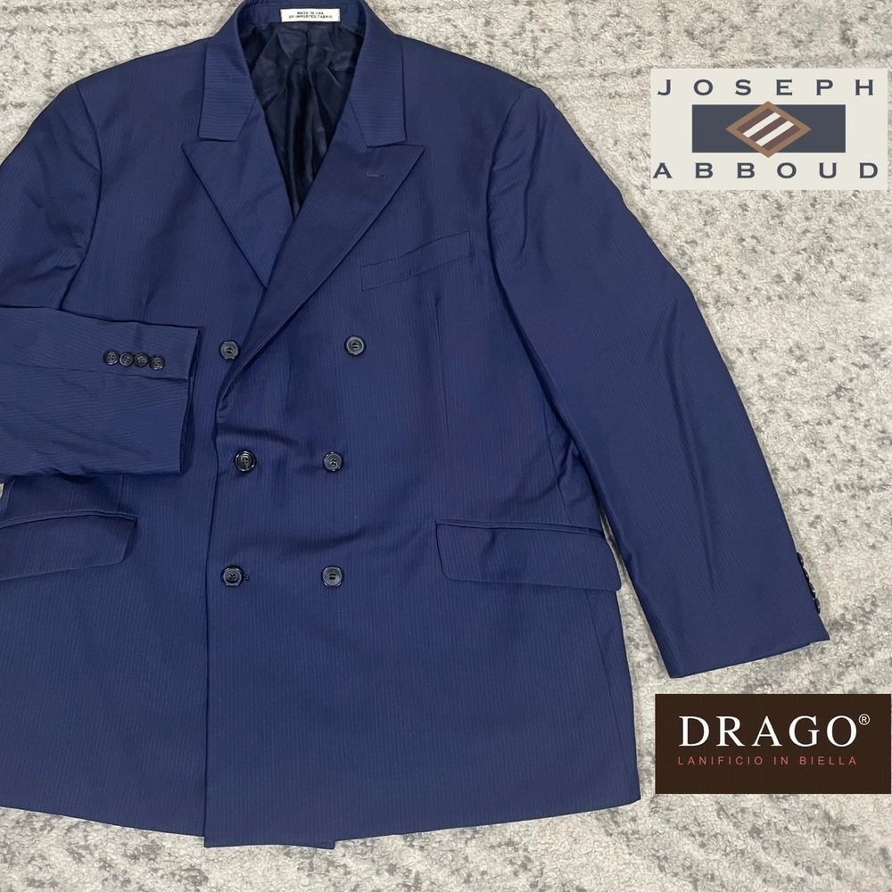 Joseph Abboud Mens Navy Blue Drago Super 120s Wool Double Breasted Blazer 44R